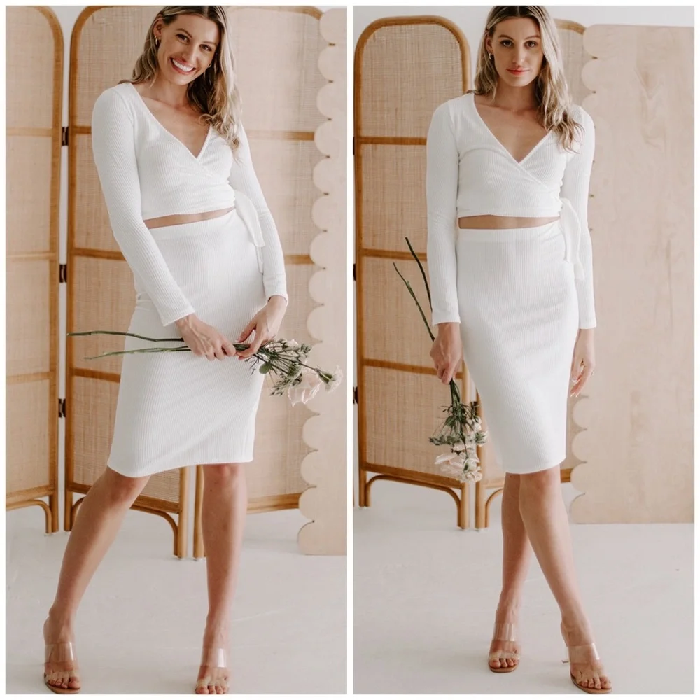 FEW LEFT❗️Sophisticated Sexy Chic Ribbed White 2-Piece Midi Skirt Set